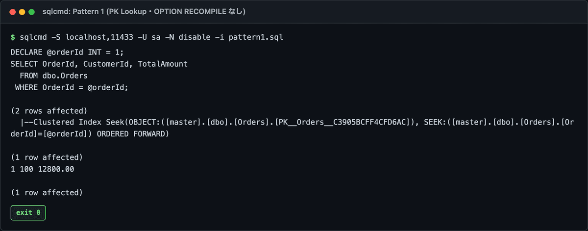 Pattern 1の実行計画— Clustered Index Seek (PK Orders)で一発引き