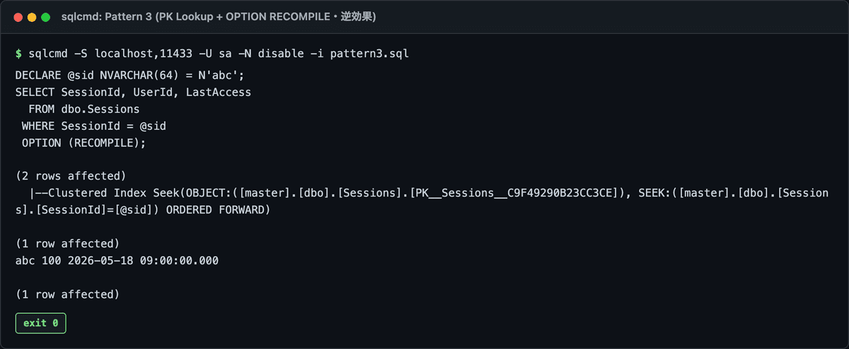 Pattern 3の実行計画— RECOMPILE付与で同一プラン、コンパイル時間だけ毎回積み上がる証跡