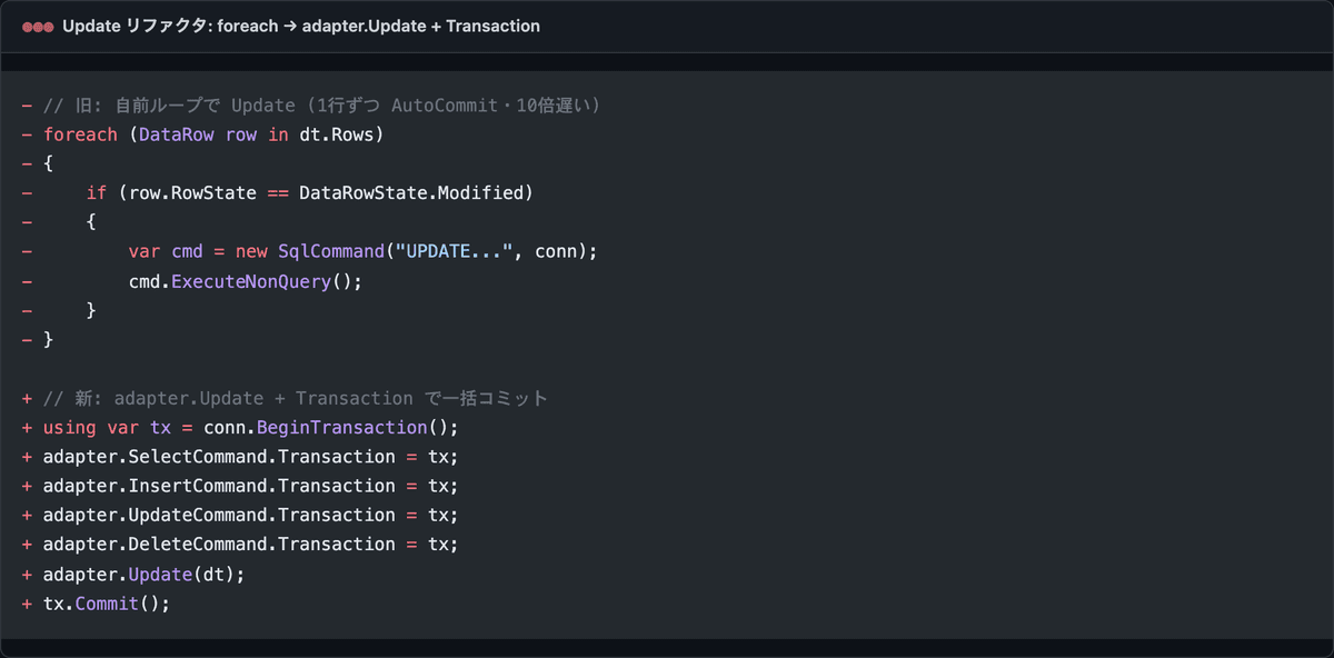 Update リファクタ: foreach 個別 SqlCommand → adapter.Update + Transaction で一括