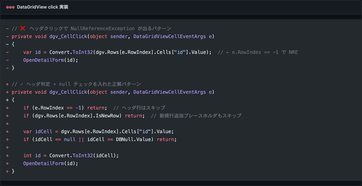 DataGridView左クリックの基本実装— CellClickイベント+ RowIndex==-1ヘッダ判定