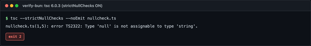 strictNullChecks on で null を string に代入すると TS2322 エラーで弾かれる