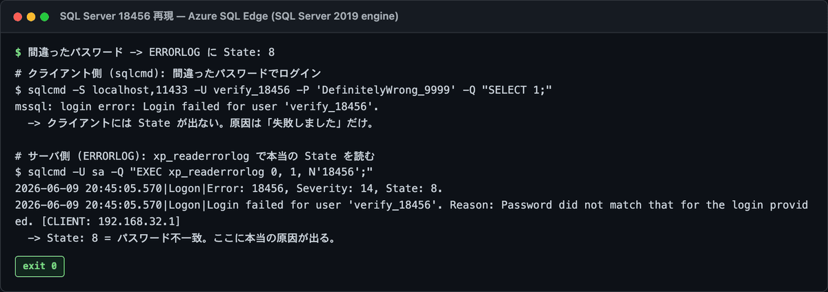 間違ったパスワードでログインすると、クライアントには汎用メッセージだけが返り、ERRORLOG には State 8 が記録される対比の実行結果