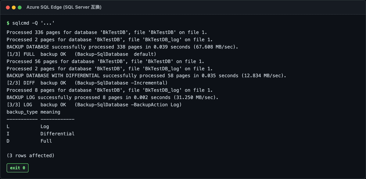 完全・差分・ログのバックアップが成功し、msdb に D / I / L の3タイプで記録された実行結果