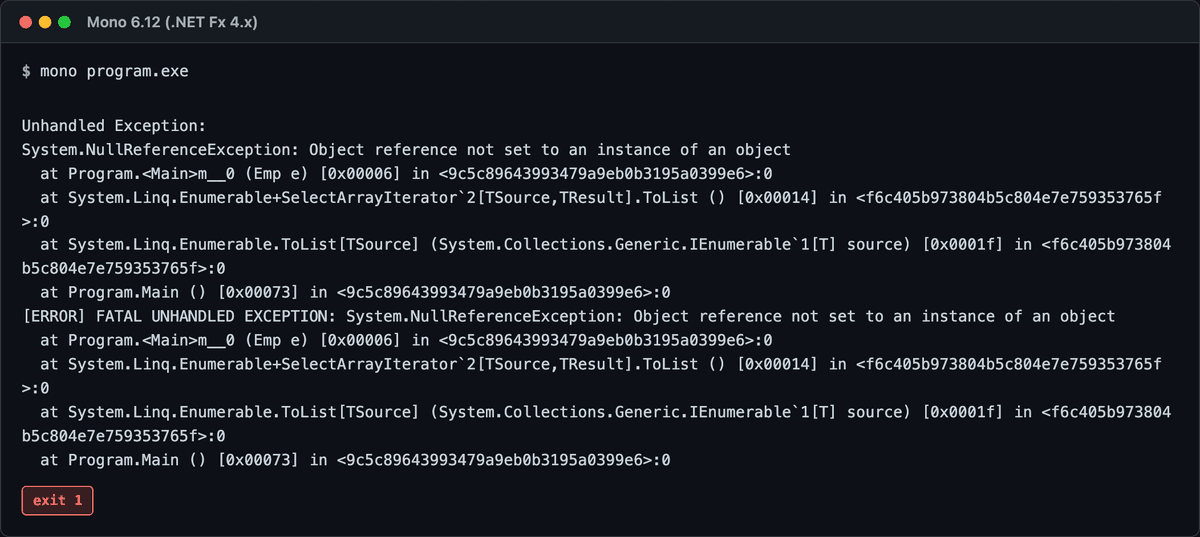 null 射影で NullReferenceException が発生する再現(Dept=null の行で例外)